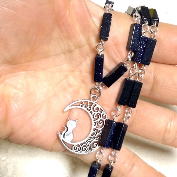 Dark Blue Goldstone Short Necklace w/ Silver Cat on the Moon Pendant - Picture 14 of 14